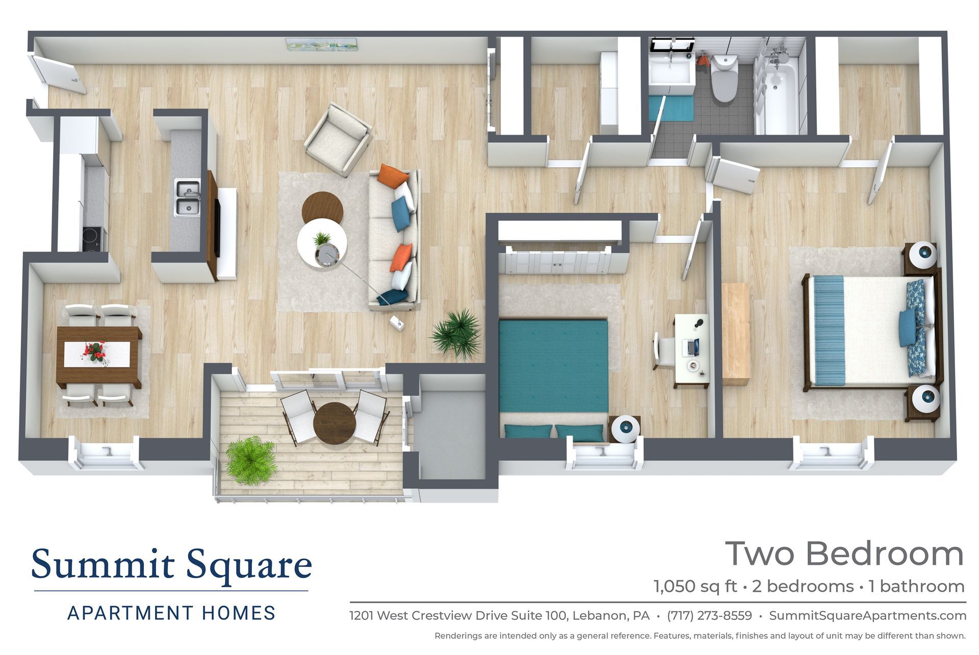 Two-bedroom apartment floor plan with 1,050 square feet and 2 bathrooms