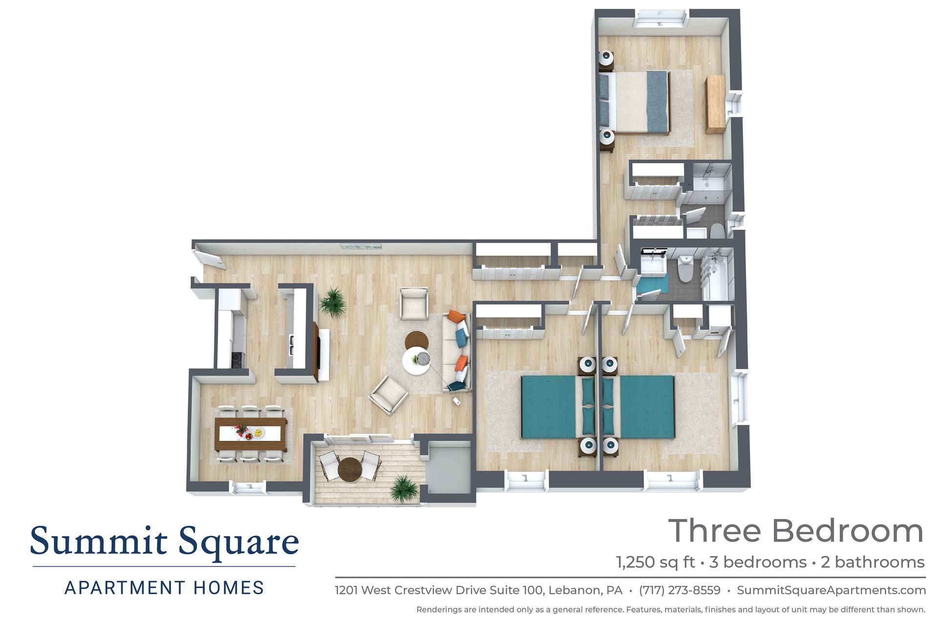 Three-bedroom apartment floor plan with 1,250 square feet and 2 bathrooms