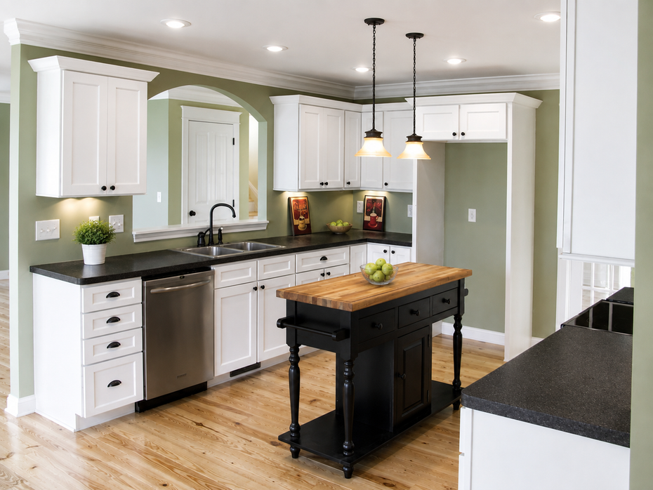 Beautifully remodeled warm kitchen with wood cabinetry and stone counters