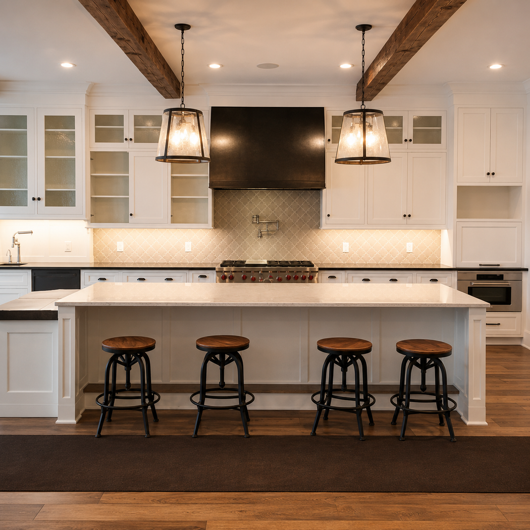 Beautifully remodeled open-concept kitchen with warm wood cabinetry and marble countertops