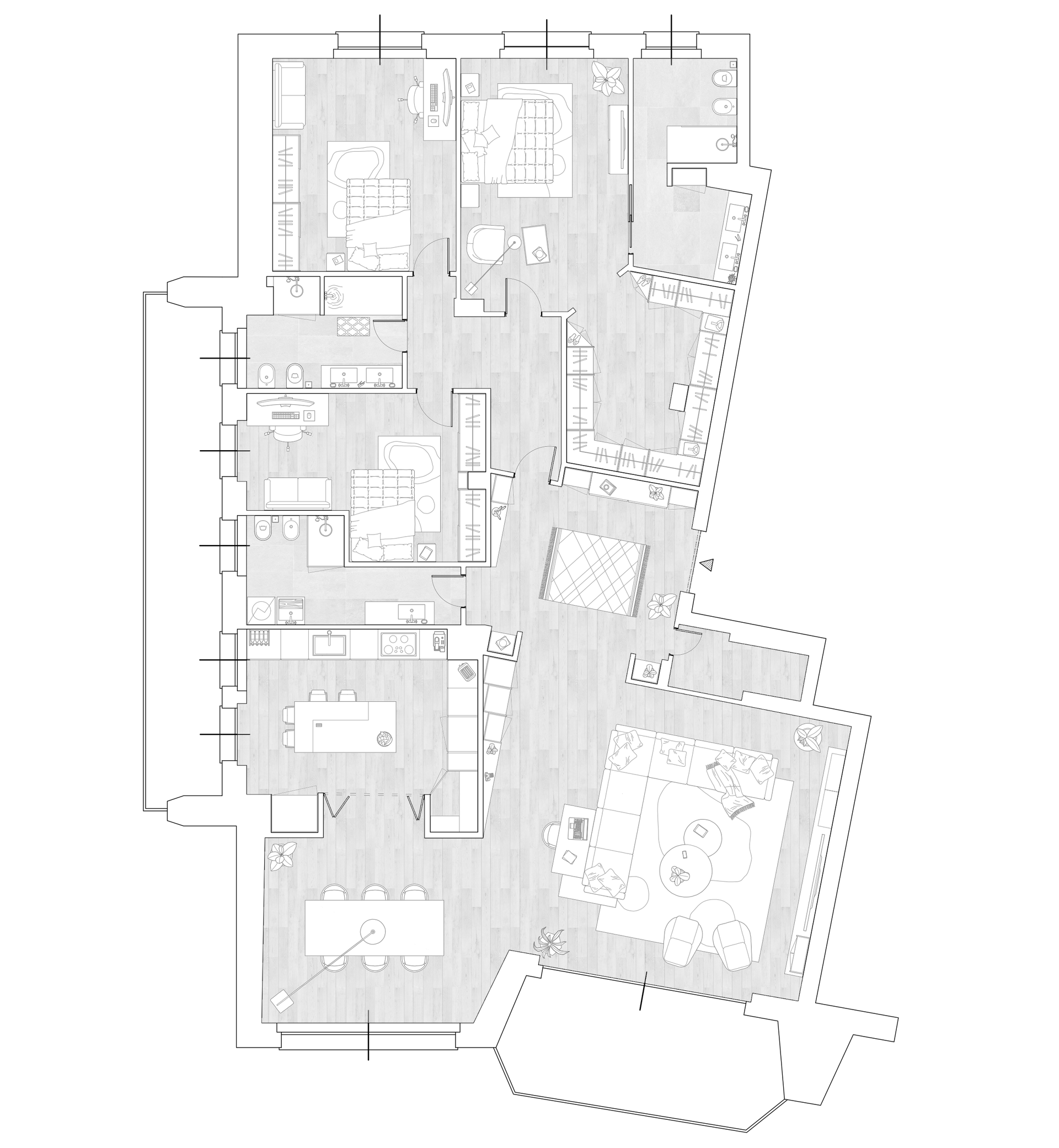 Planimetria architettonica di una casa, che mostra la disposizione delle stanze e degli arredi.