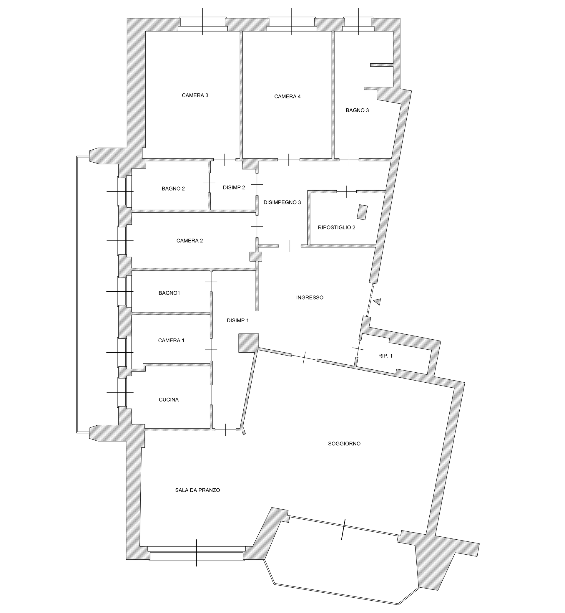 Planimetria di un edificio con diverse stanze, tra cui soggiorno, cucina e camere da letto.