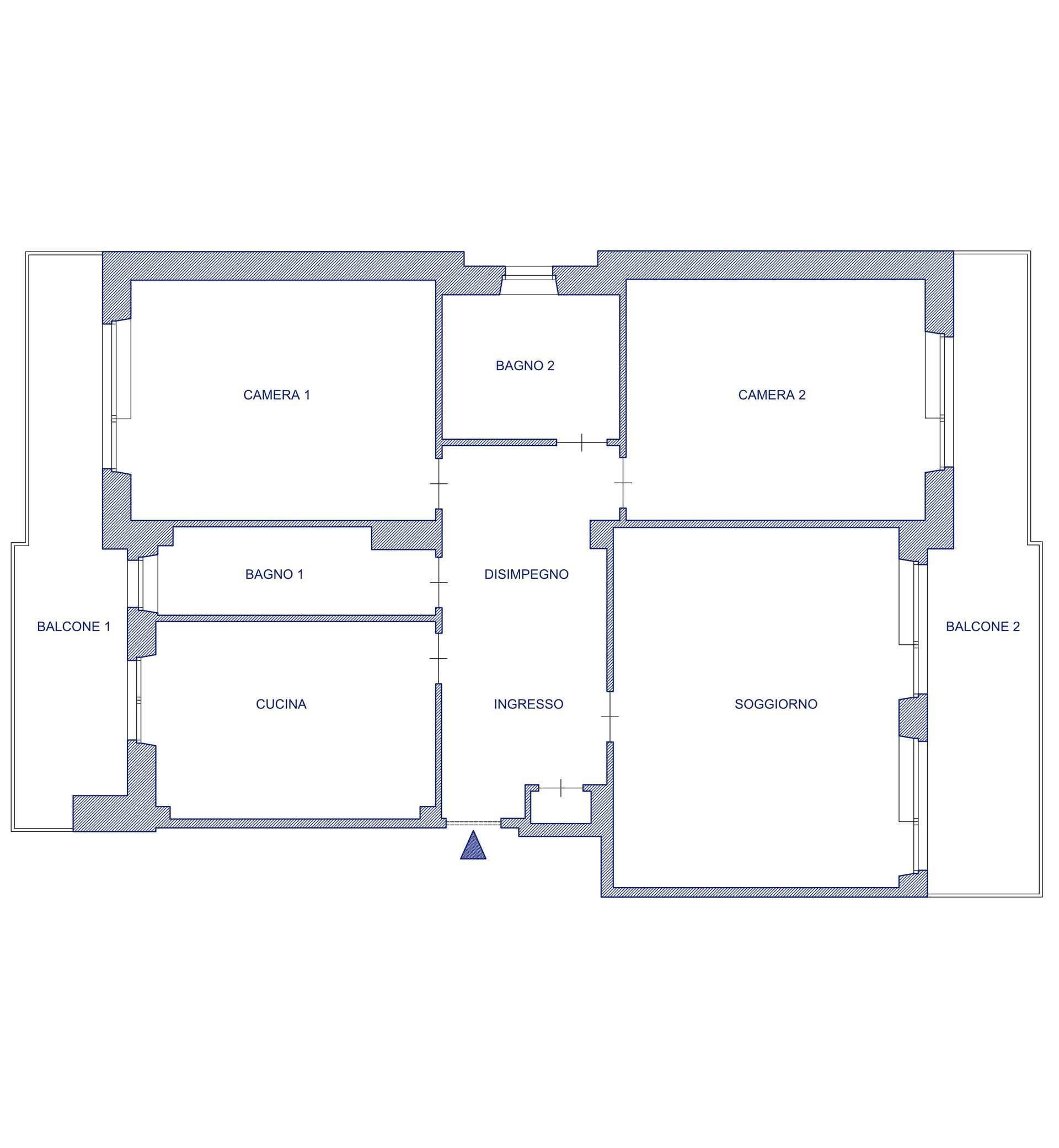 Planimetria di un edificio con diverse stanze, tra cui soggiorno, cucina e camere da letto.