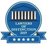 Award badge for Lawyers of Distinction 2019: Blue and white design with a courthouse image, text, and five stars.