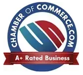 Chamber of Commerce logo with blue and red design, "A+ Rated Business" banner.
