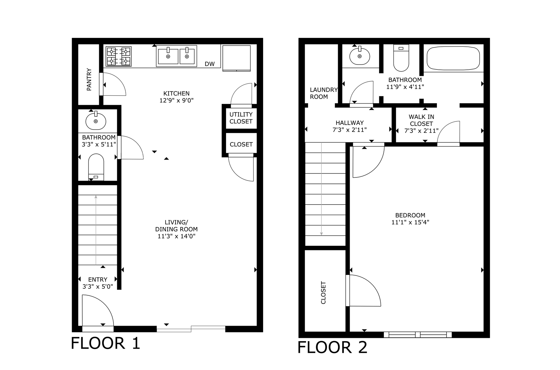 Two-story apartment floor plan with kitchen, living room, bedroom, and bathroom.