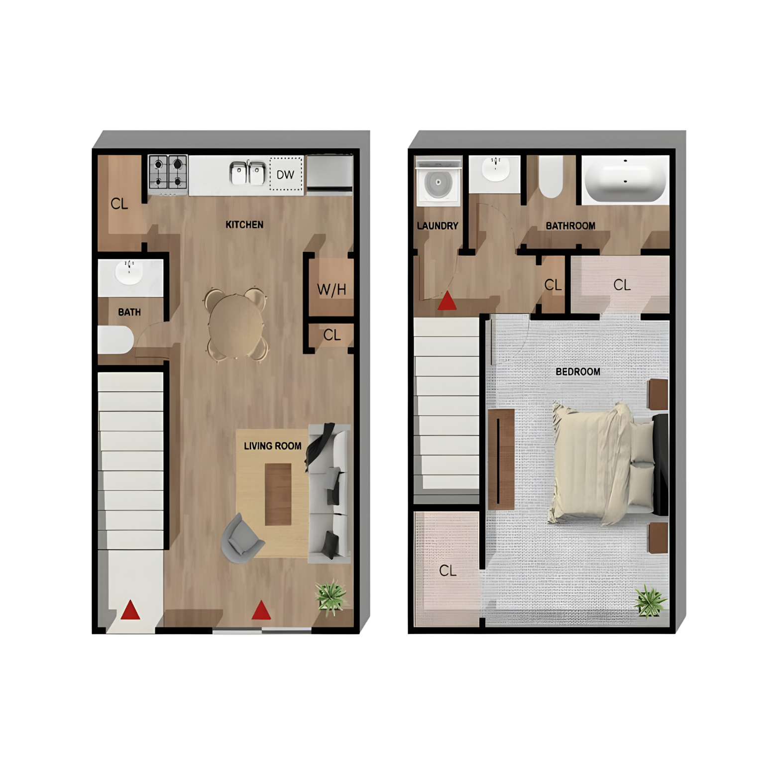 Two-story apartment floor plan with kitchen, living room, bedroom, and bathroom.