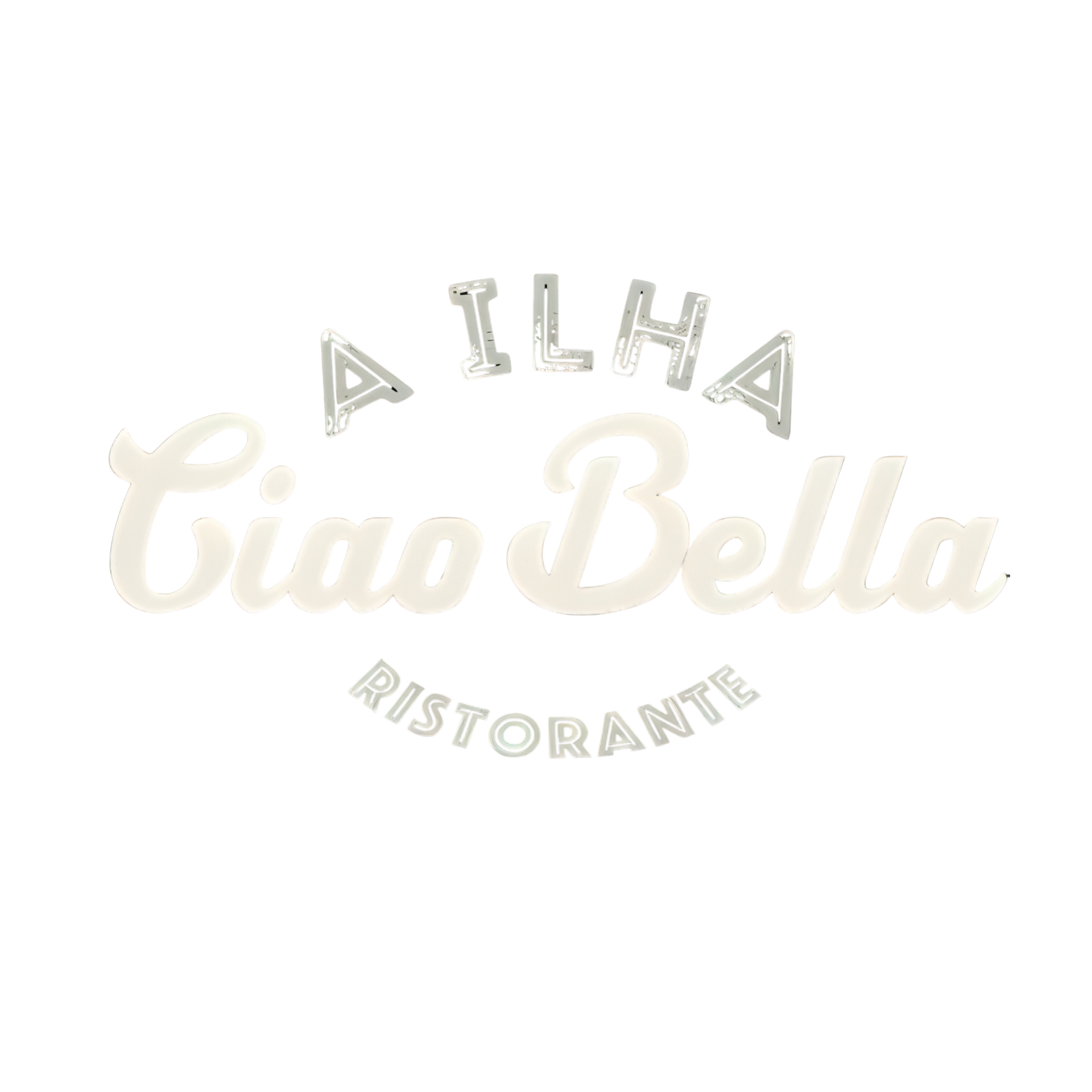 Logotipo do Ciao Bella Ristorante com texto estilizado e um pequeno emblema de veleiro.