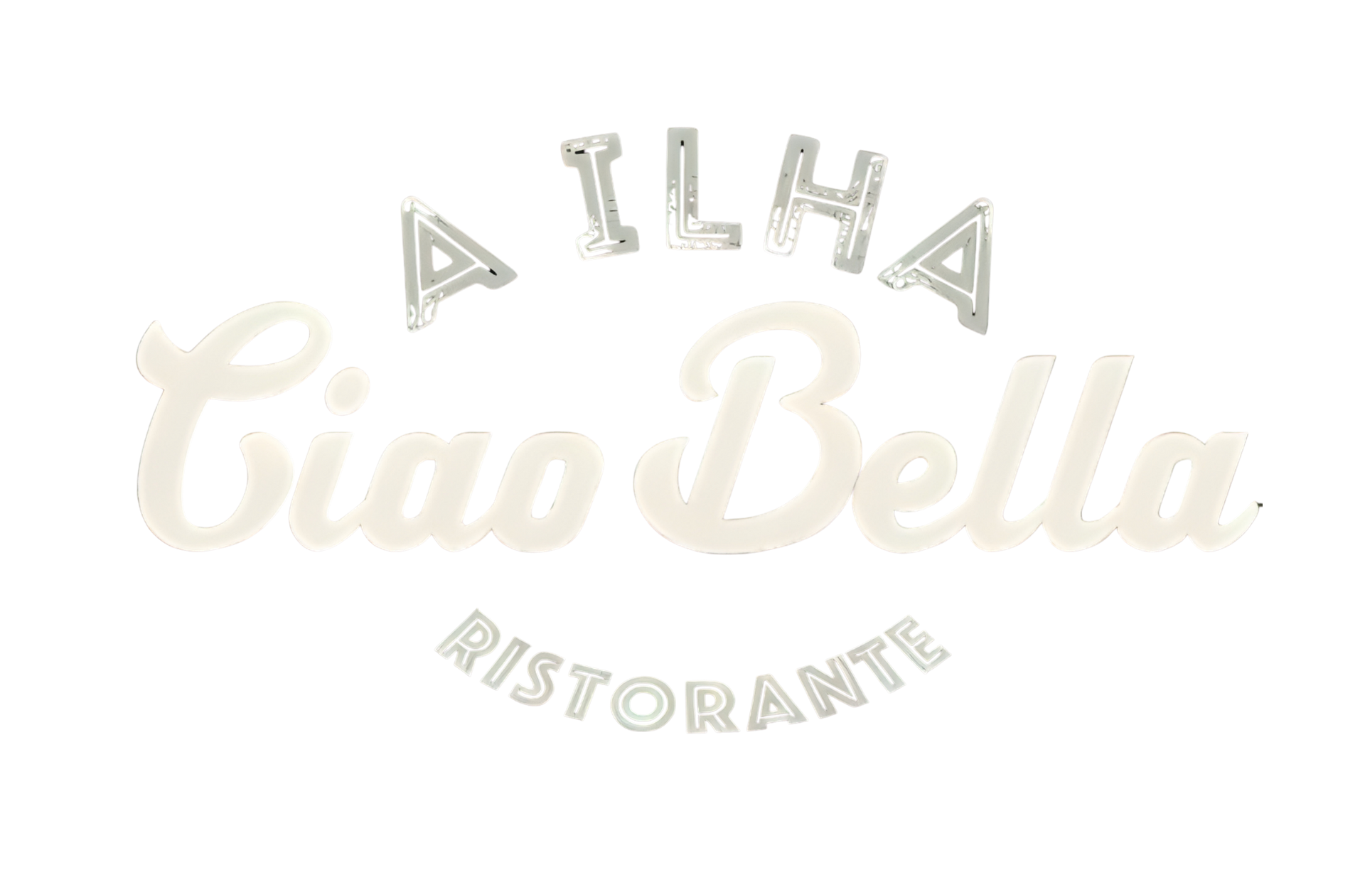 Logotipo do Ciao Bella Ristorante com escrita em dourado claro e letras arqueadas cinza sobre fundo branco.