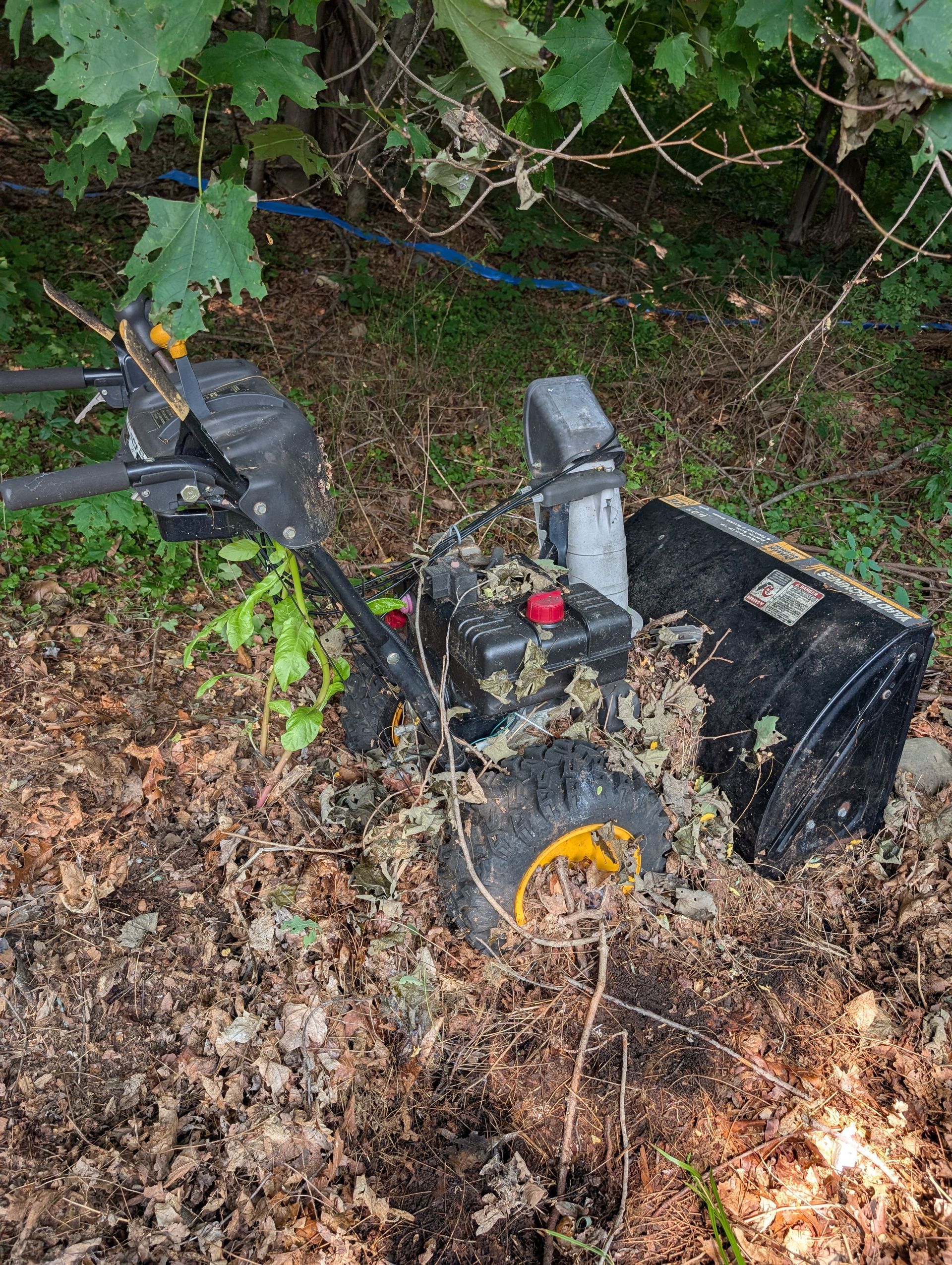 Snowblower partially covered in leaves, in a wooded area. Black, with yellow accents.