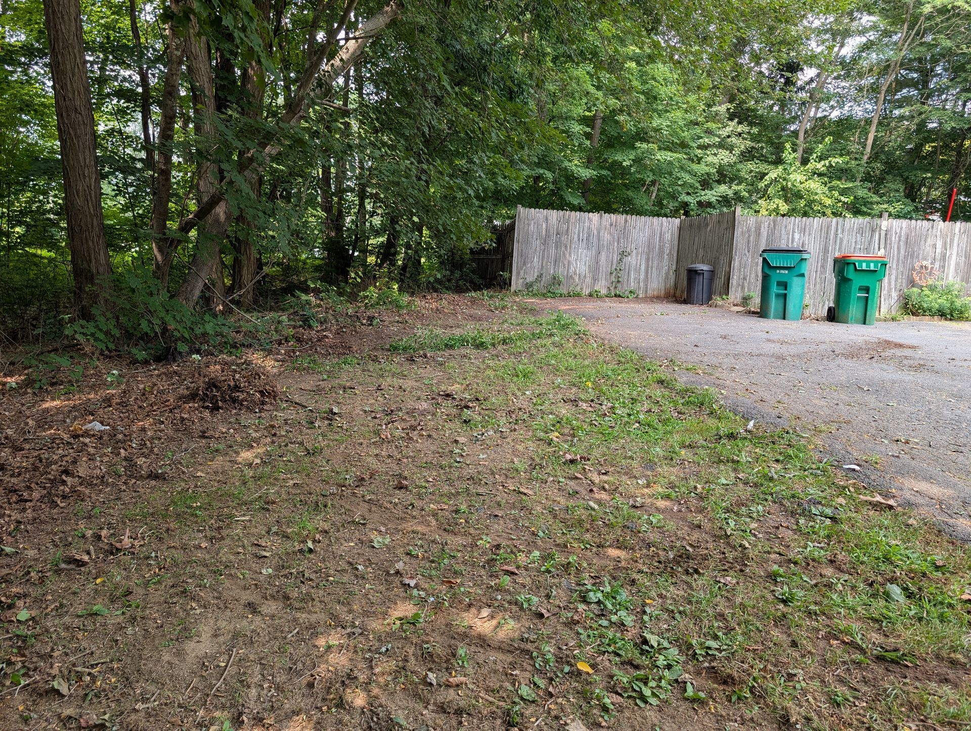 Dirt patch with sparse grass, two green trash cans next to a wooden fence.