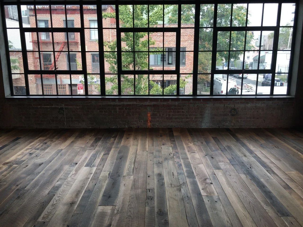 Empty room with wooden floor and large industrial grid window overlooking trees and buildings