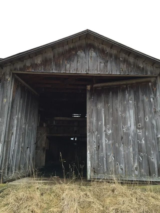 Old weathered wooden barn with a large open doorway and dry grass in front