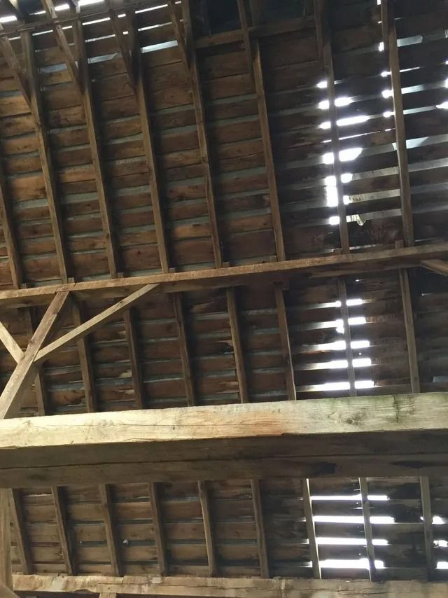 Wooden barn ceiling with exposed beams and narrow slits of daylight through the roof boards