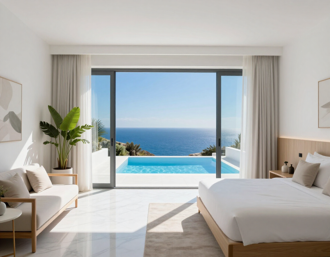Bright modern bedroom with open doors to an ocean-view balcony and infinity pool