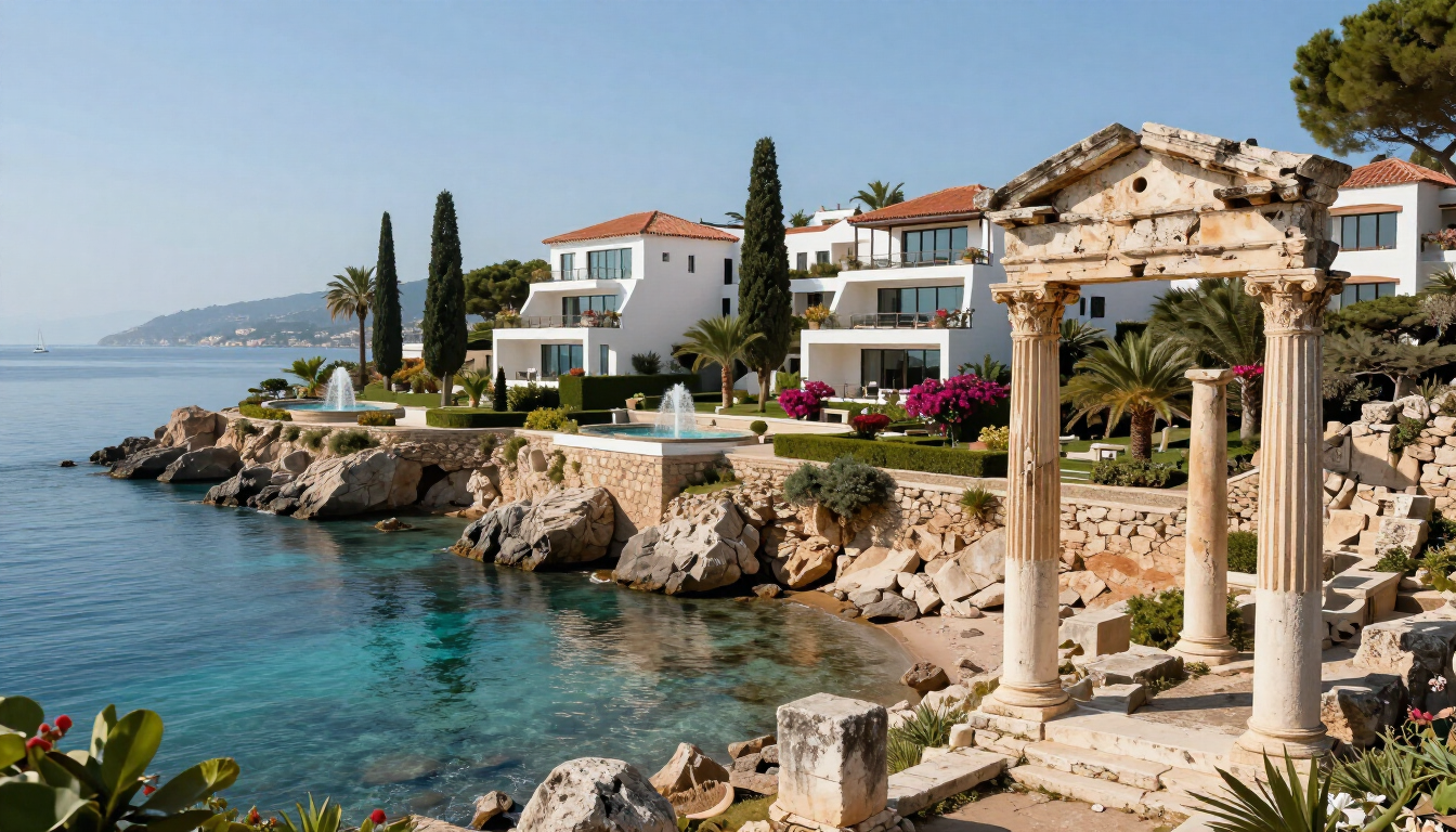 Mediterranean seaside villas above a rocky turquoise cove, framed by ancient stone columns