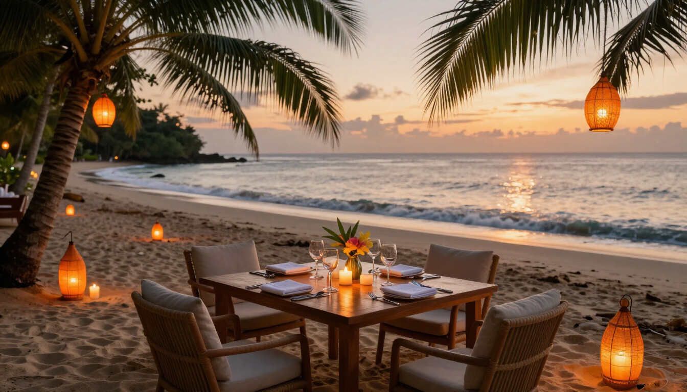 Romantic beach dinner at sunset with lanterns, palm trees, and ocean waves