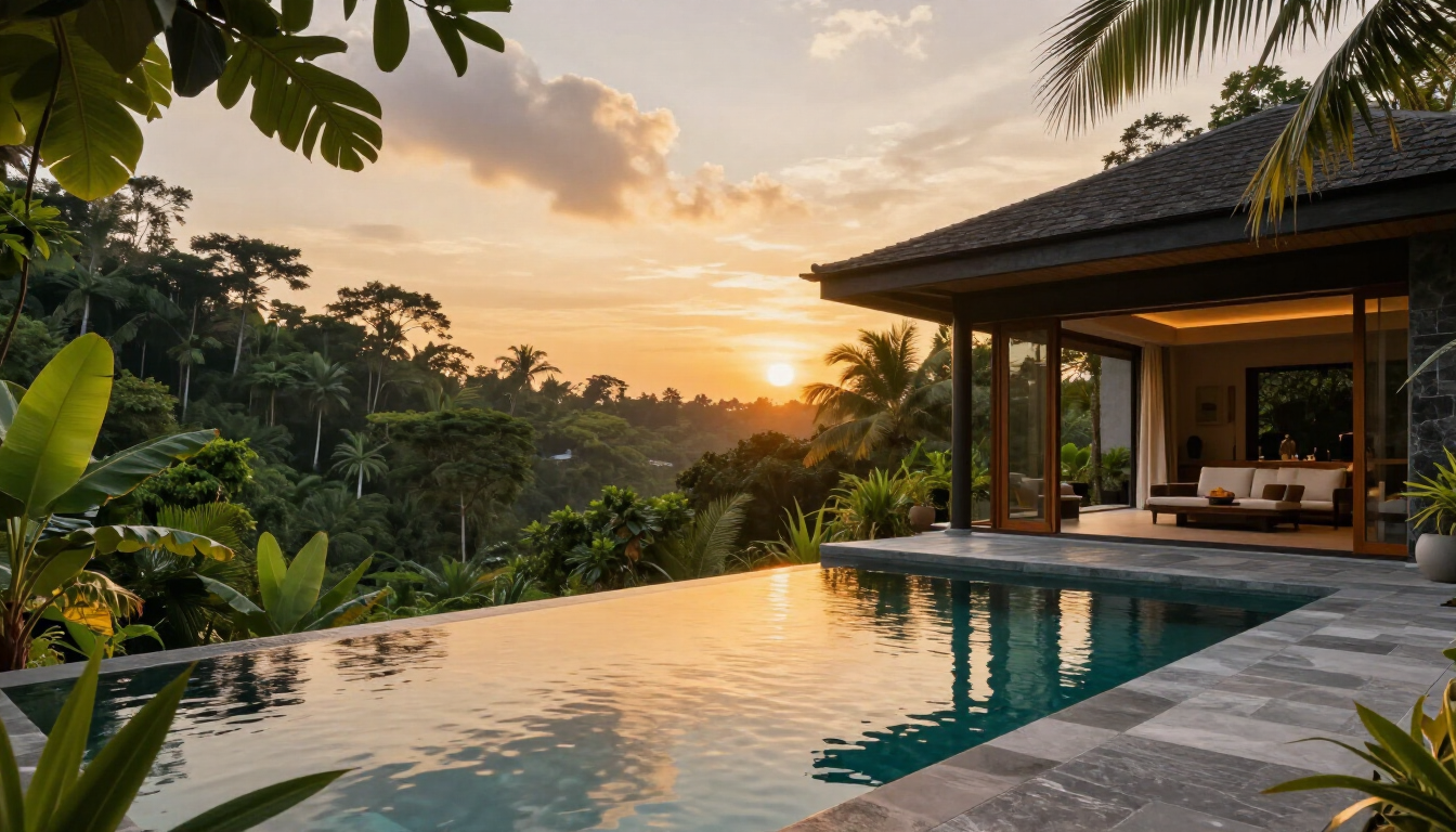 Infinity pool beside a modern villa at sunset, overlooking lush tropical greenery