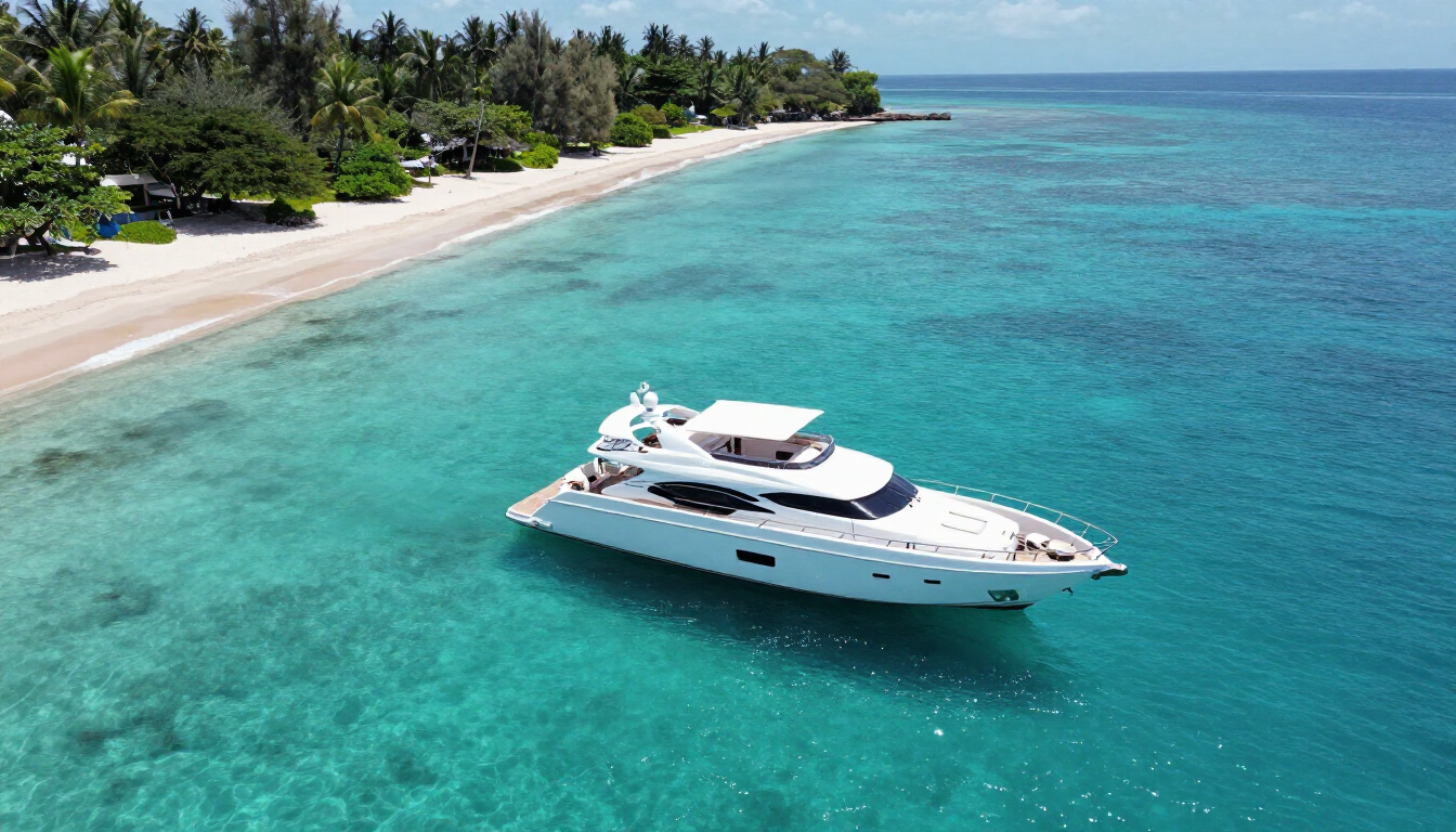 White yacht anchored in turquoise water near a tropical sandy beach lined with palm trees
