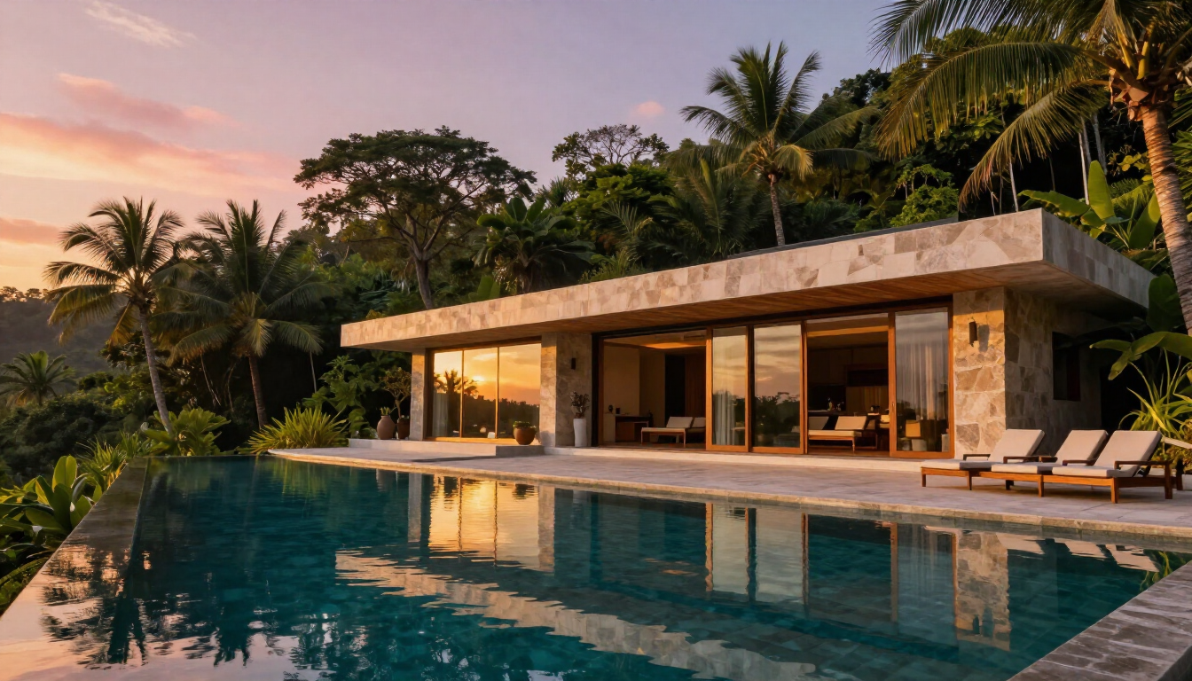 Modern villa with a reflective pool at sunset, surrounded by tropical palm trees.