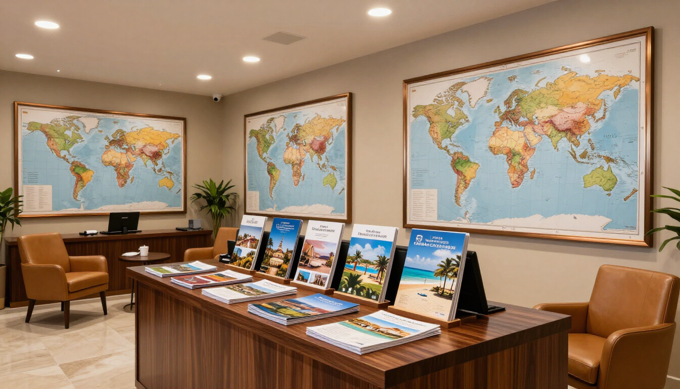 Modern office with world maps on the walls and travel brochures displayed on a central table