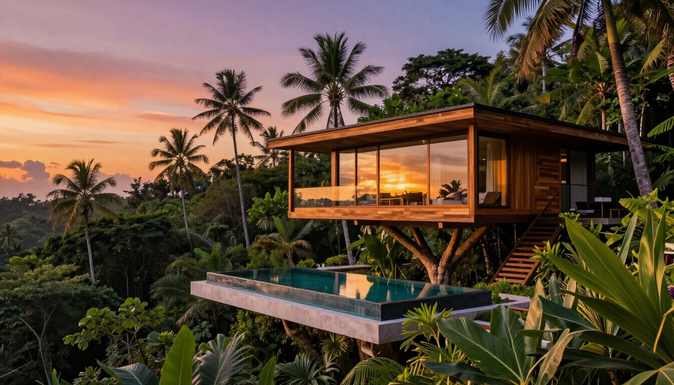 Modern tropical villa with a lit infinity pool at sunset, surrounded by lush palm trees.