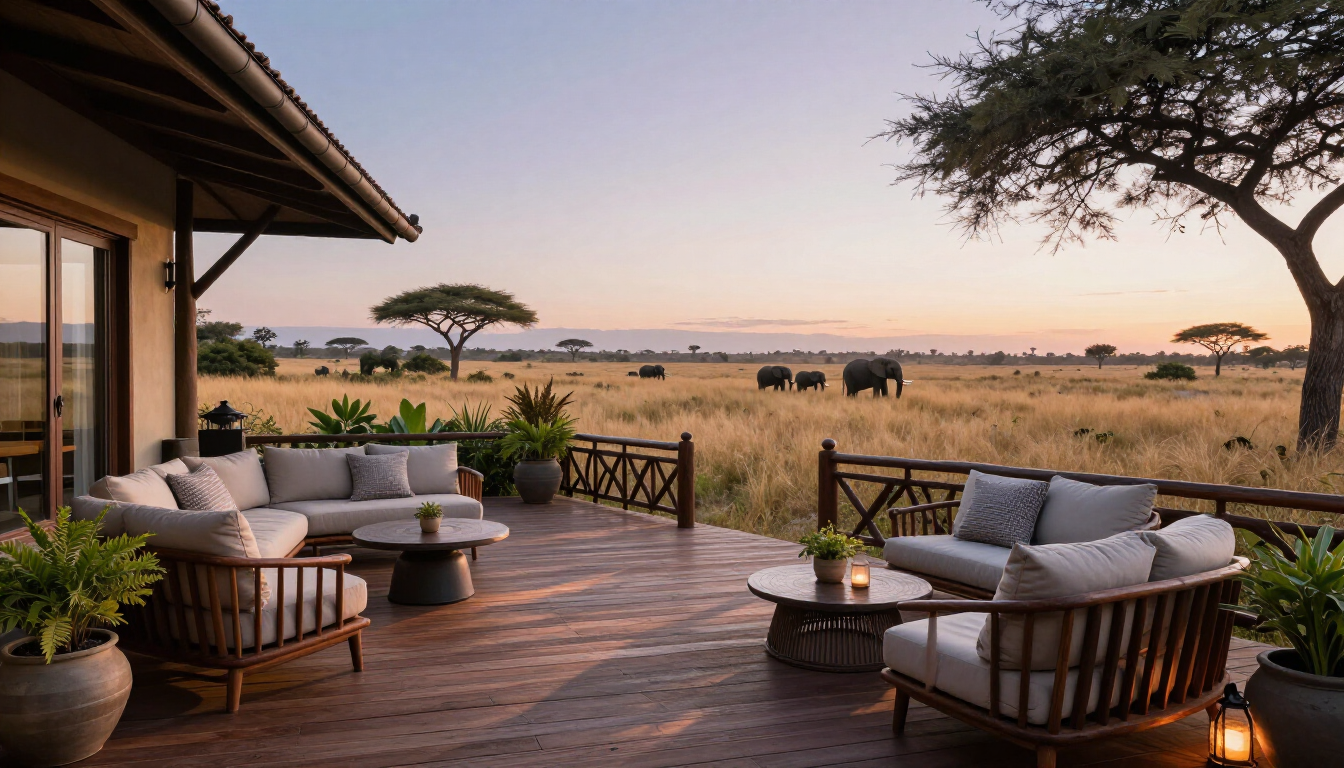 Safari lodge deck overlooking an acacia savanna with grazing elephants at sunset