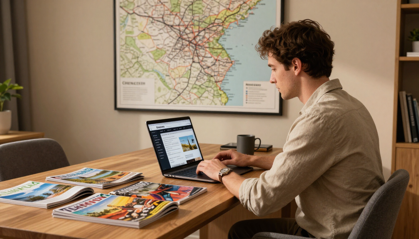 Person working on a laptop at a wooden table with colorful magazines, in front of a wall map.