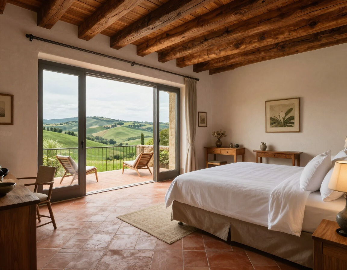 Rustic bedroom with exposed beams, open terrace doors, and a view of green hills