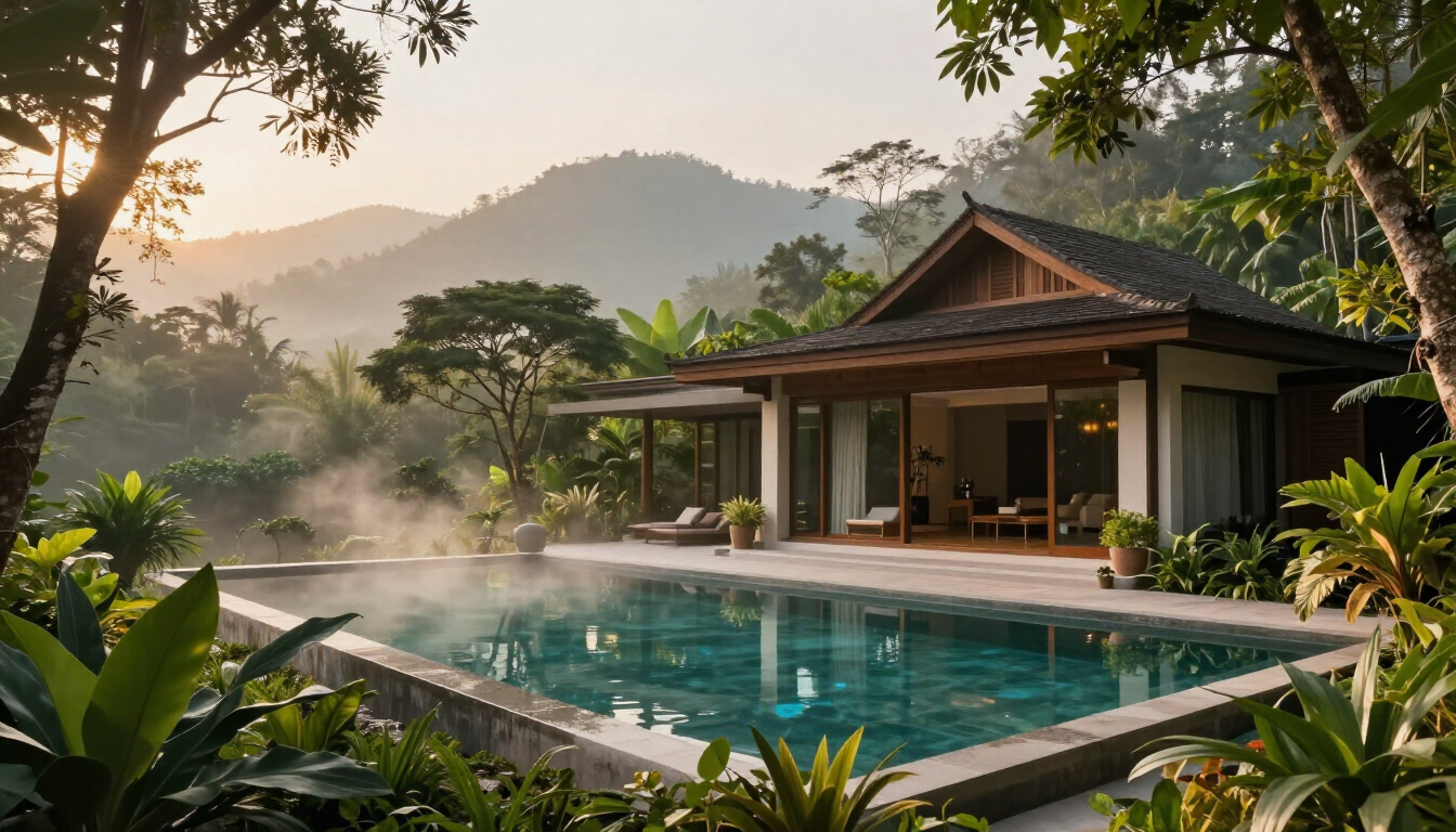 Tropical villa with a turquoise pool, lush greenery, and misty mountains at sunrise