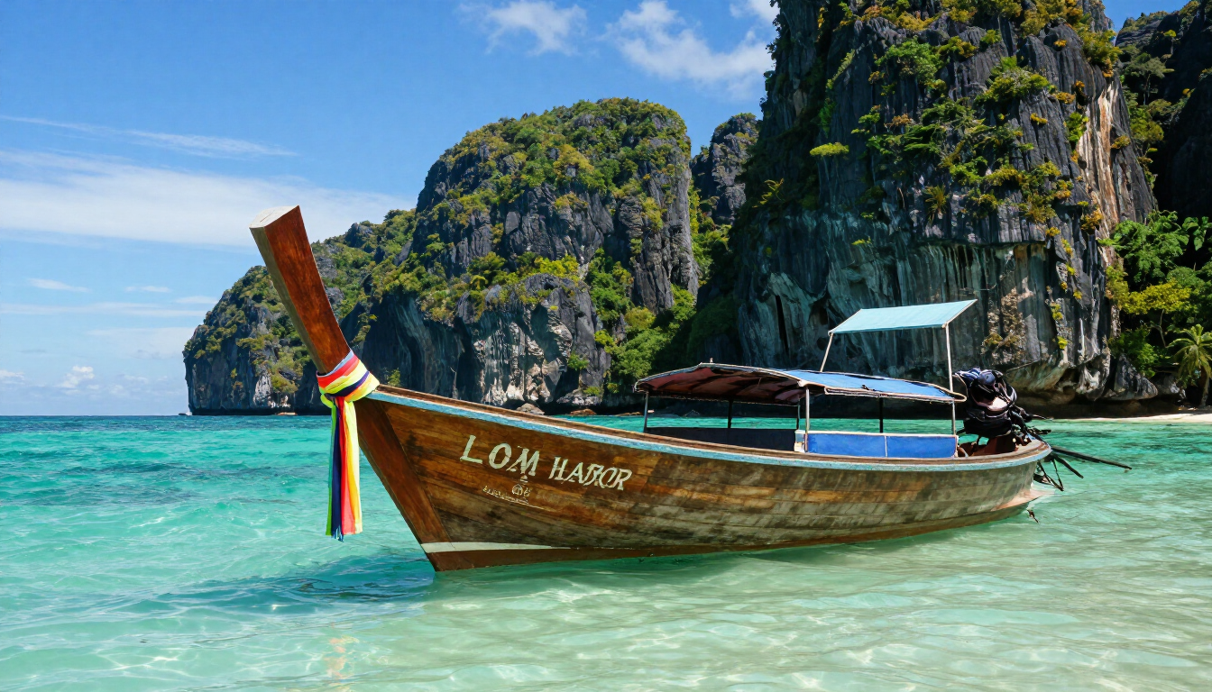 Long-tail boat in turquoise water near steep limestone cliffs and a tropical beach