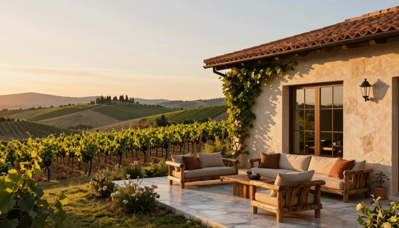 A serene luxury villa overlooking the rolling hills of Tuscany at sunset