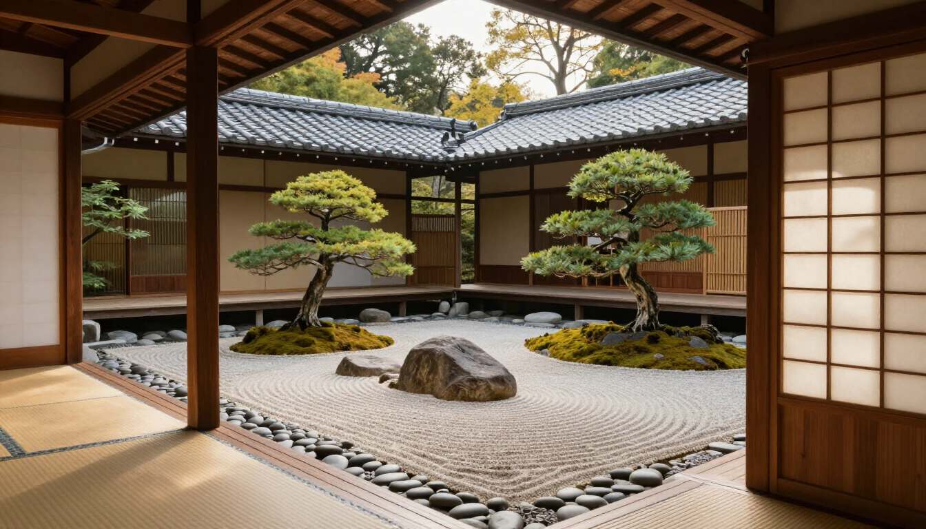 A peaceful Japanese Zen garden with autumn leaves and traditional architecture