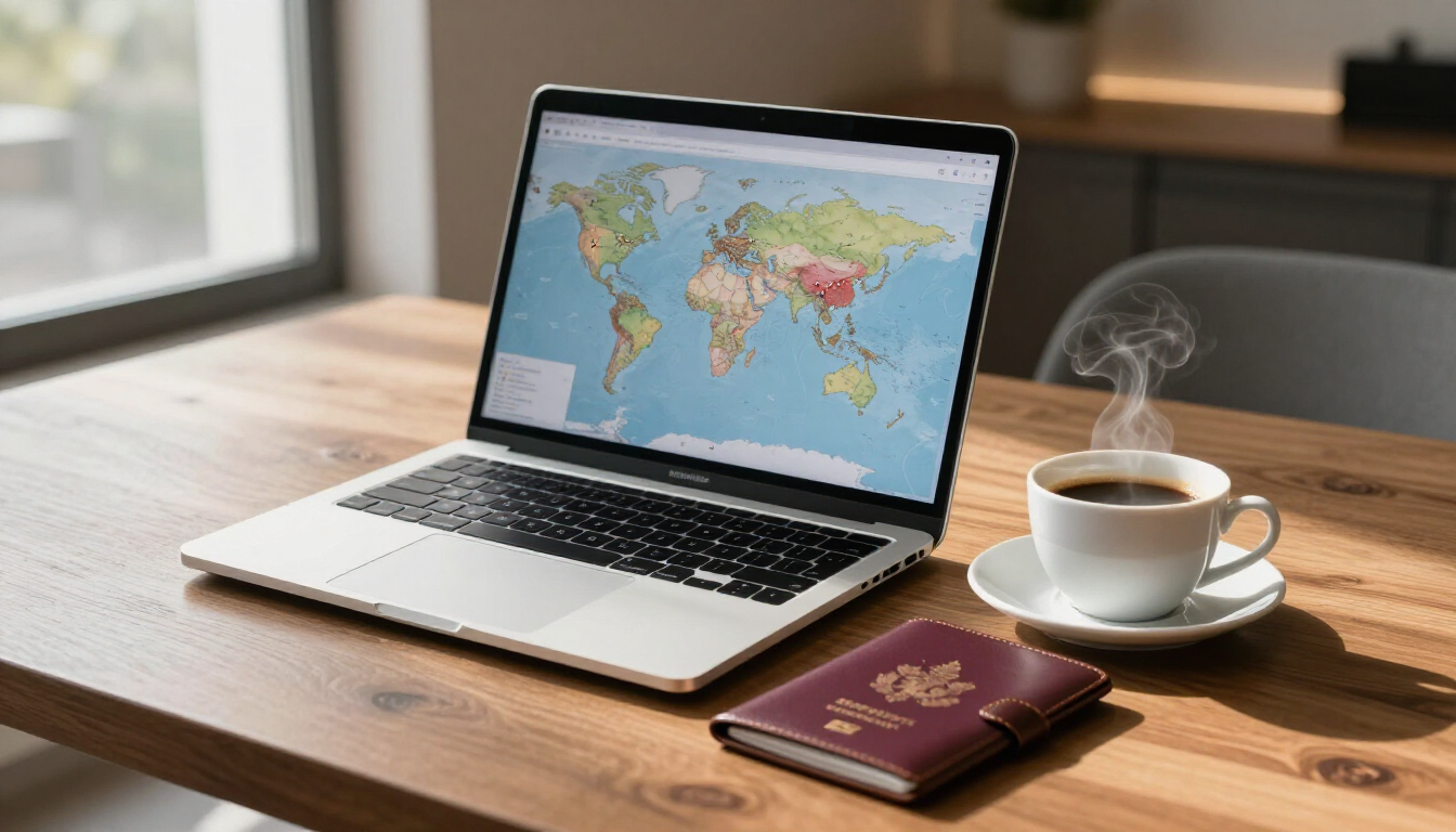 Luxury travel planning scene with a laptop and maps