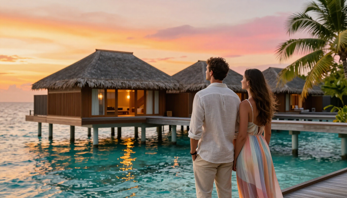 A couple enjoying a sunset view from a luxury villa
