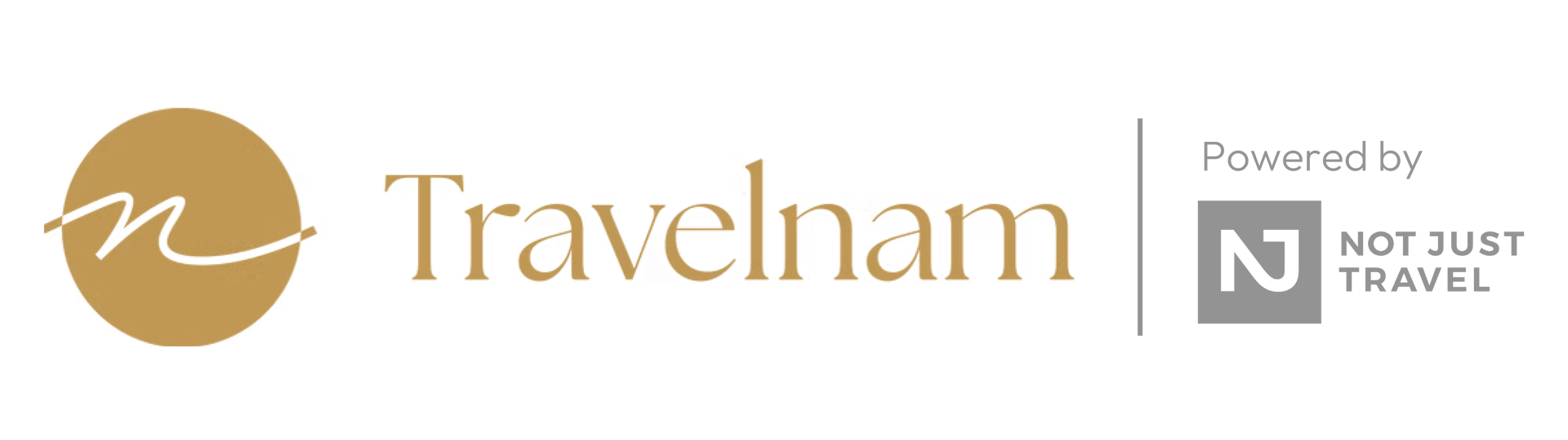 Travelnam logo with gold script and Not Just Travel badge on white background