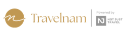 Travelnam logo with gold script and Not Just Travel badge on white background