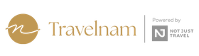 Travelnam logo with gold script and Not Just Travel badge on white background