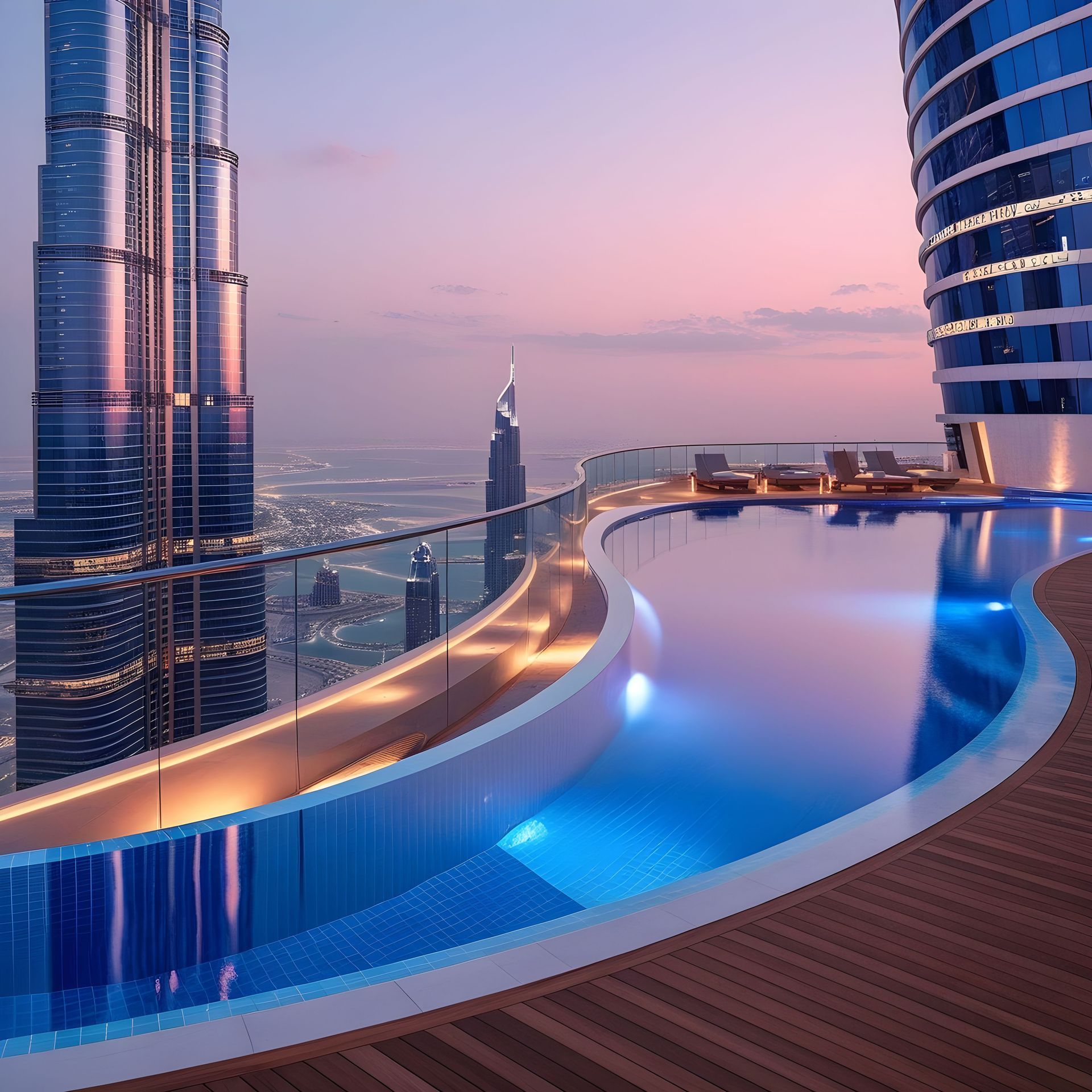Rooftop infinity pool at dusk with city skyline and glowing blue lights