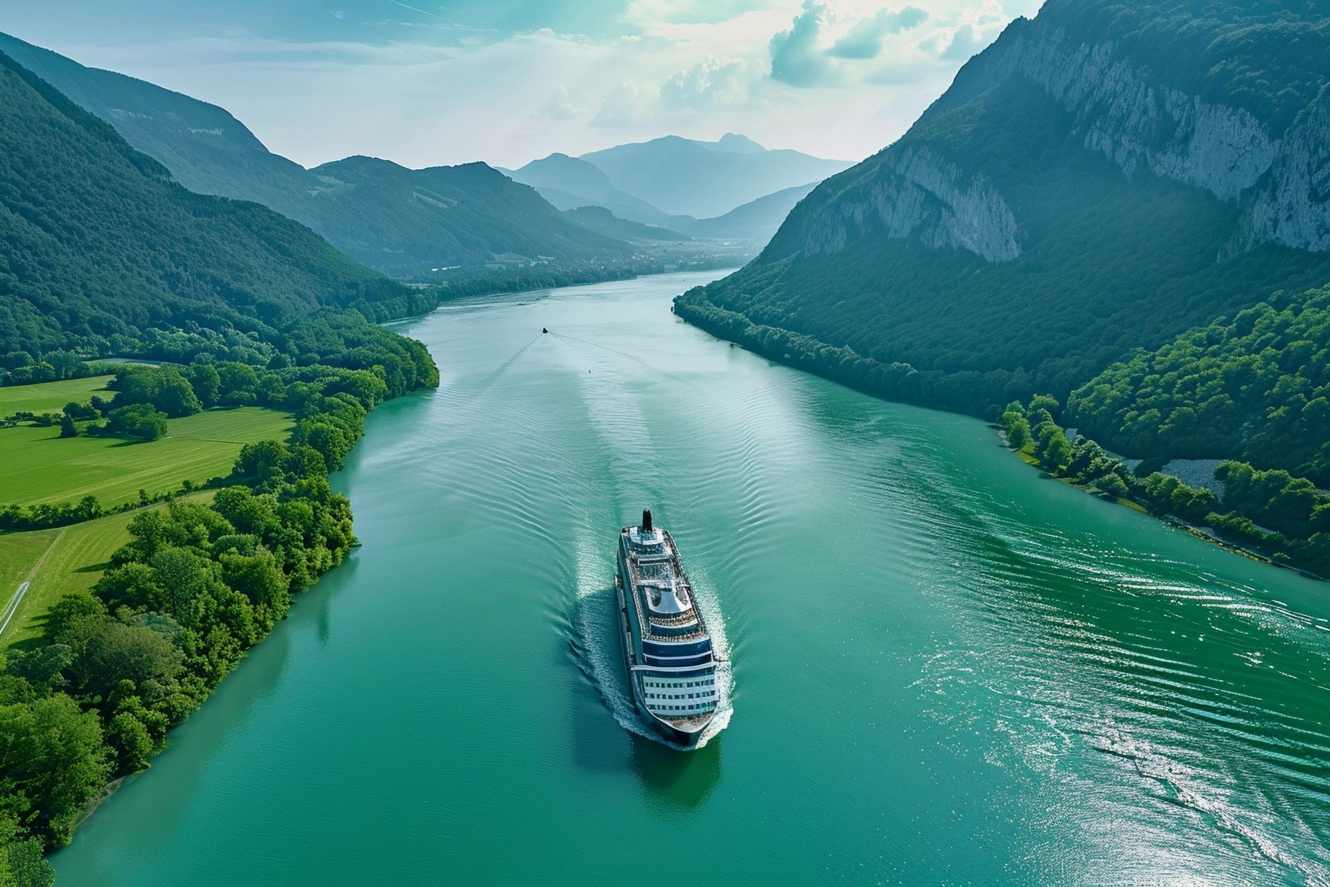 Cruise ship sailing on a turquoise river through green mountains and misty valleys