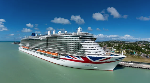 Large white cruise ship sailing near a coastal city under a bright blue sky