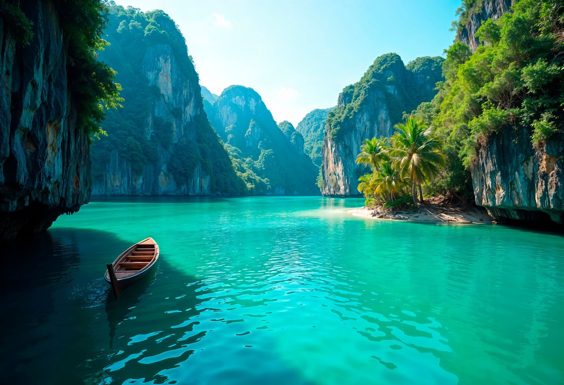 Turquoise lagoon with limestone cliffs and a small wooden boat under a bright blue sky