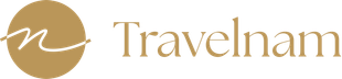 Travelnam logo with a gold circular icon and serif wordmark on a white background