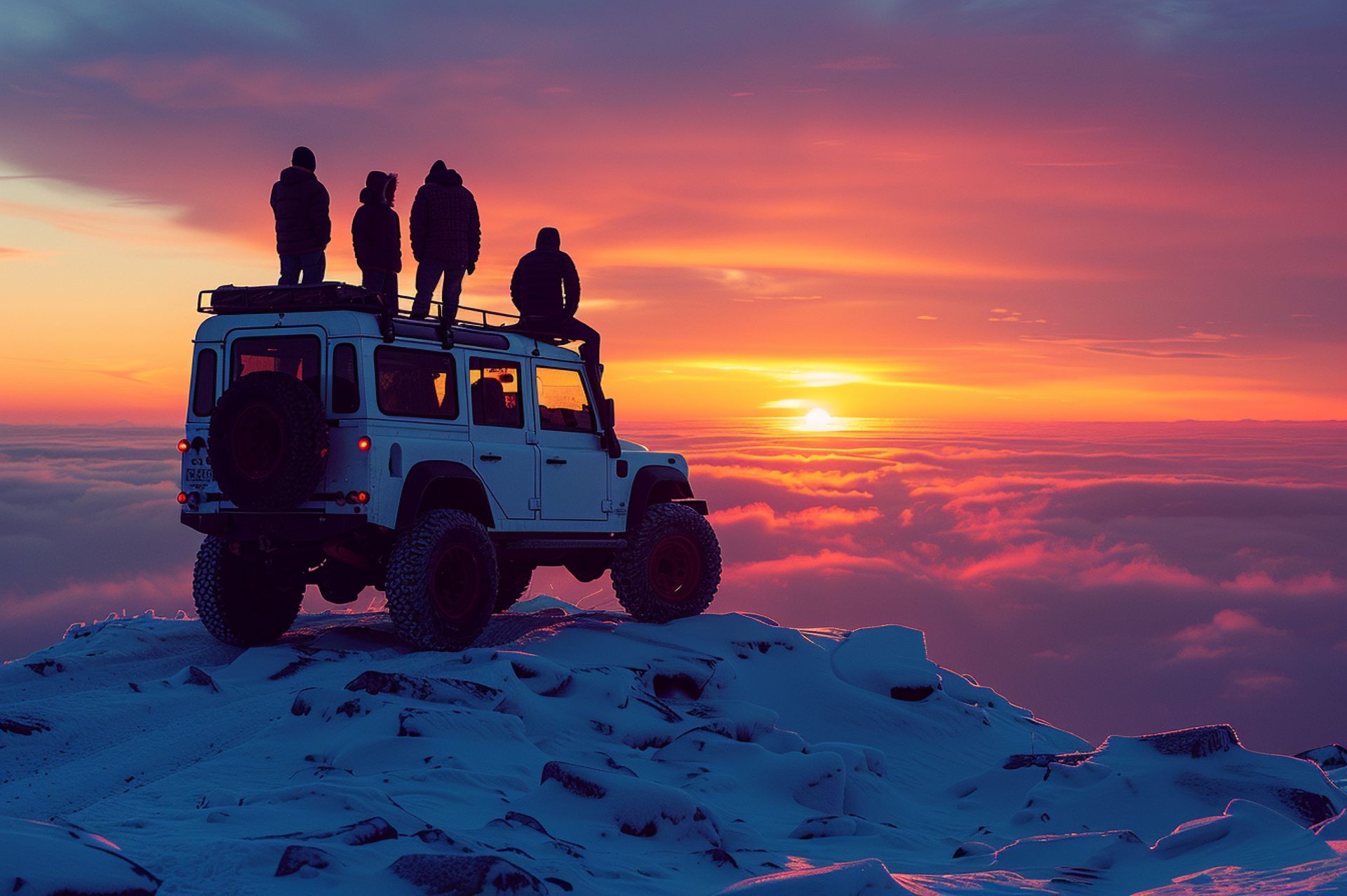 People standing on a jeep at sunrise above a snowy mountain sea of clouds