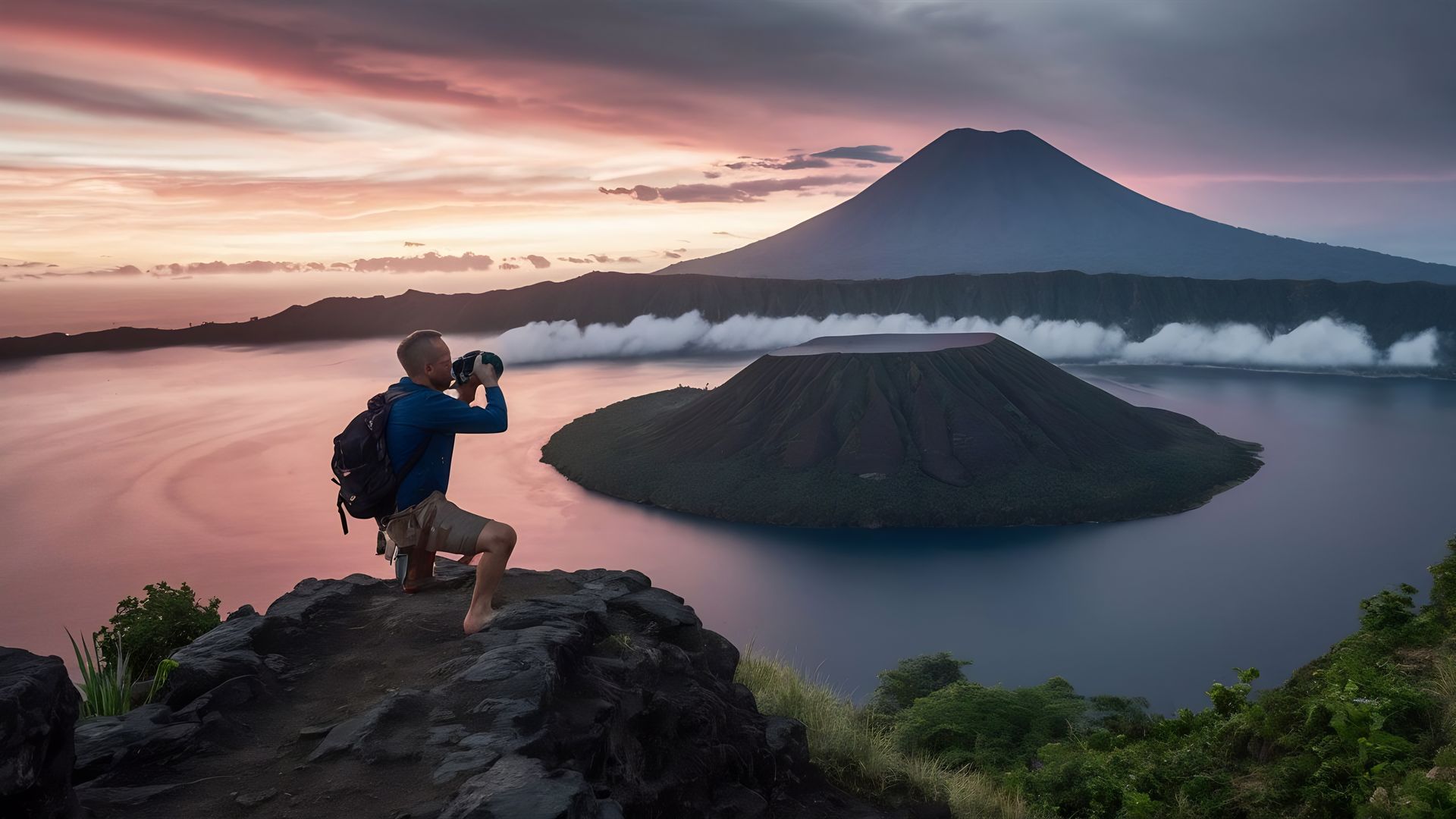 Hiker photographing sunrise over a misty volcanic lake with a cone-shaped mountain in the distance.