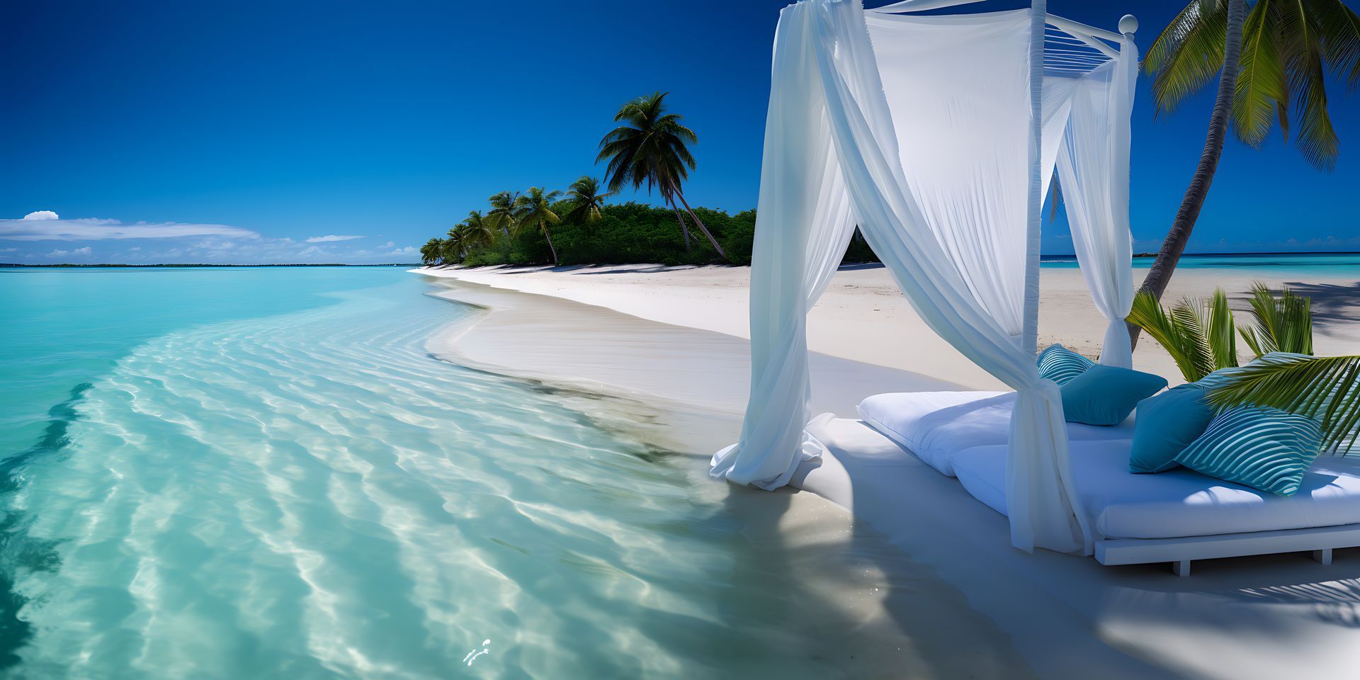 White beach cabana with draped curtains beside clear turquoise water under a bright blue sky