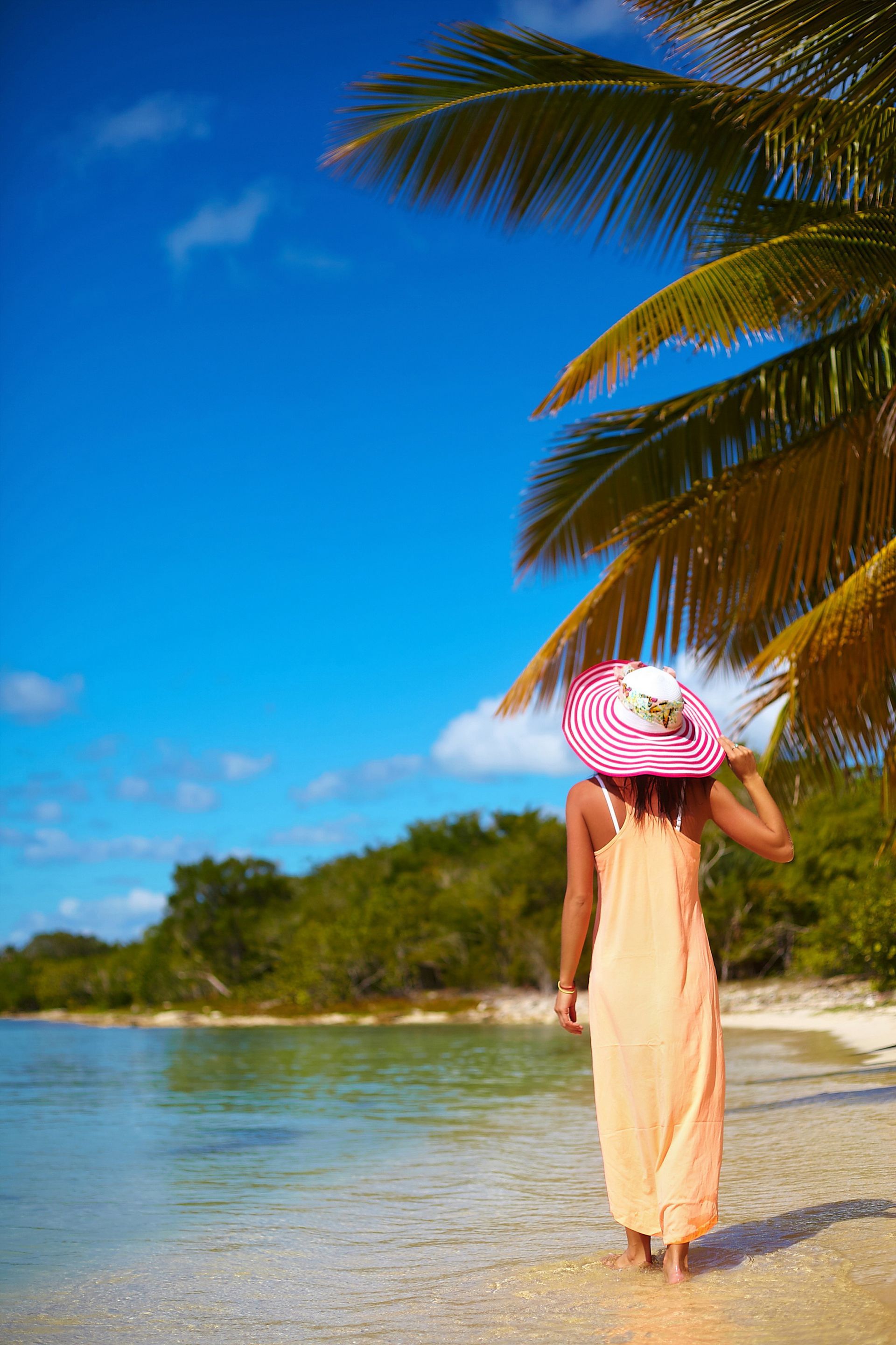 Person in a peach dress and pink hat walking along a tropical beach with palm trees and calm water