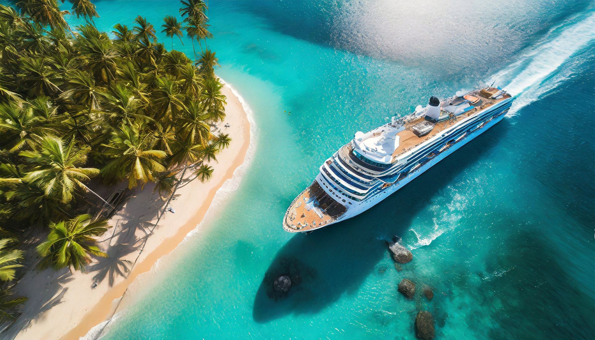 Tropical island resort with white sand beaches, turquoise water, and overwater bungalows under a blue sky