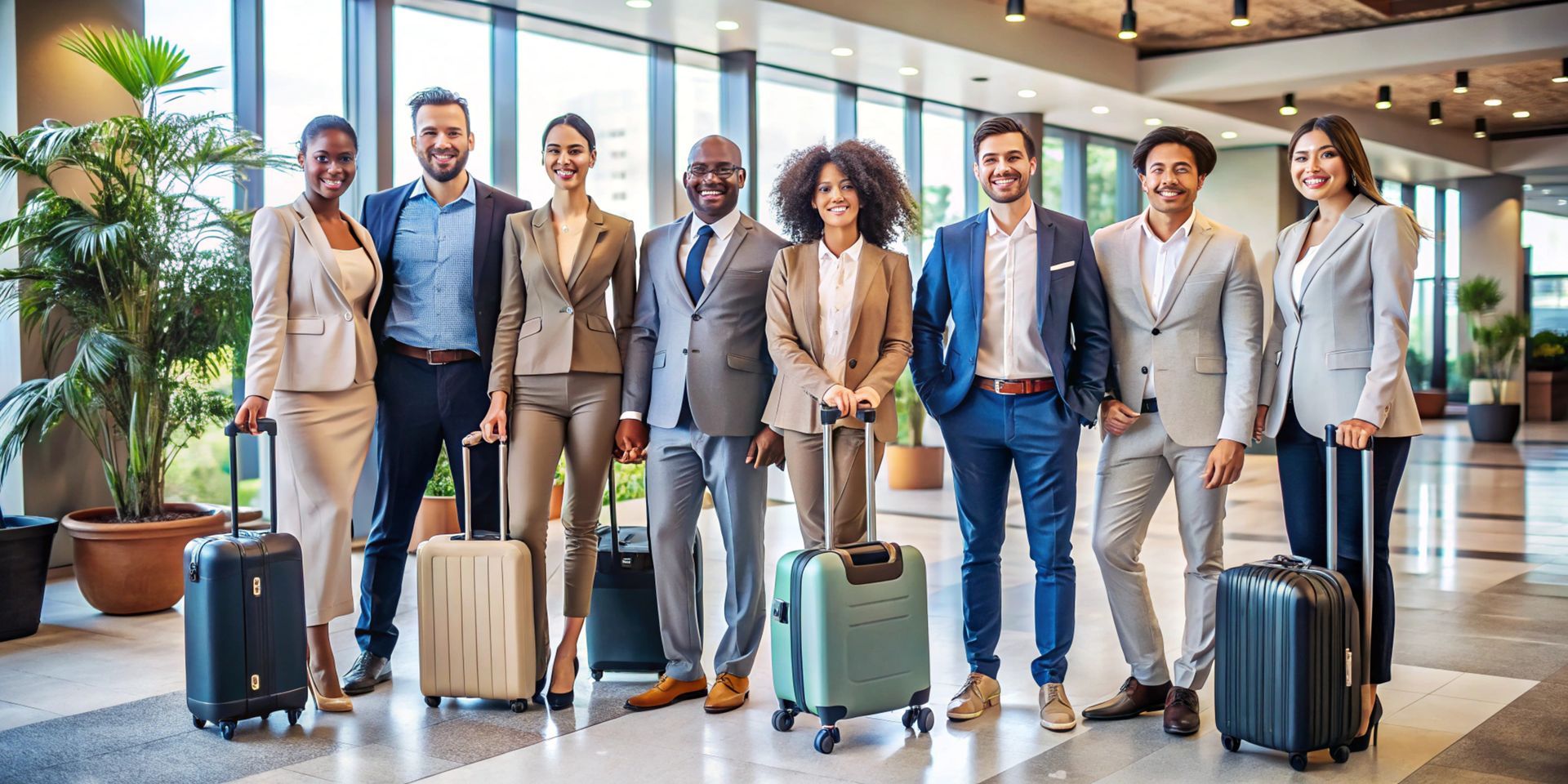 Group of business travelers standing with rolling suitcases in a modern airport lobby