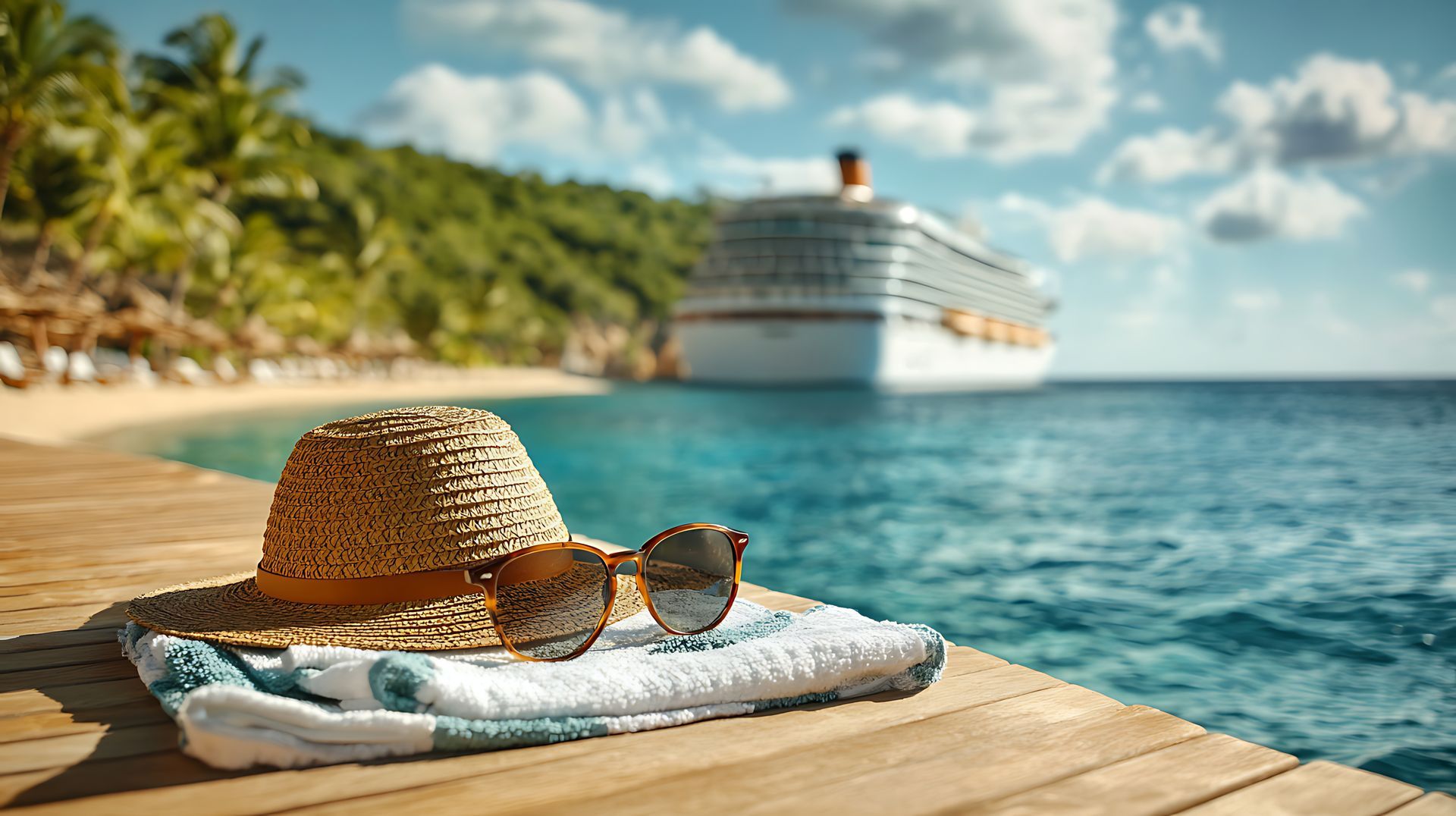Straw hat and sunglasses on a towel by the sea, with a cruise ship near a tropical beach.